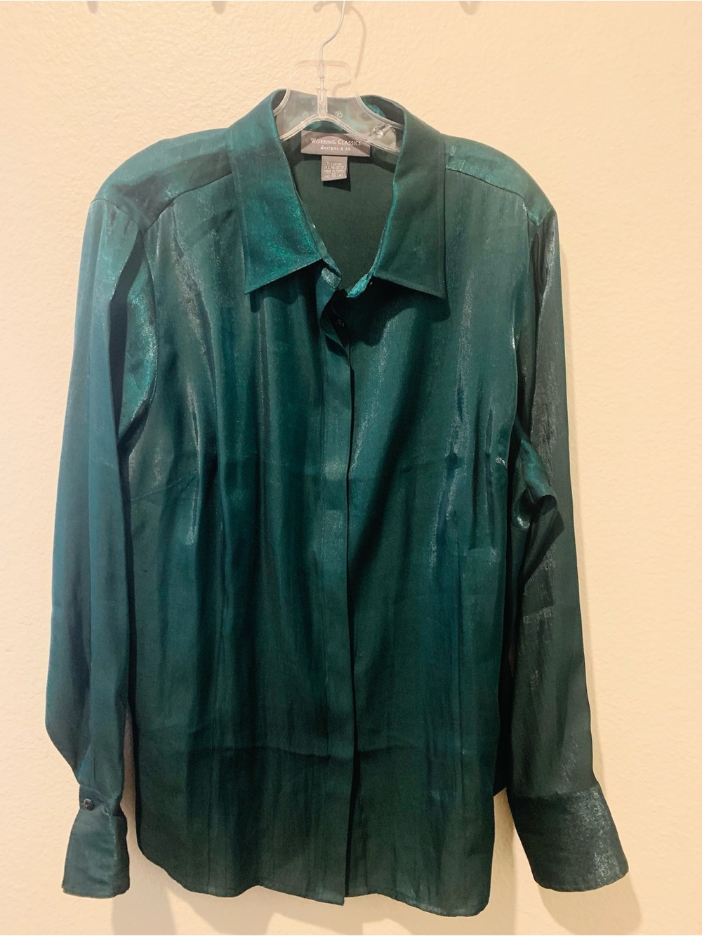 Working Classics designs and Co. Emerald Blouse Teal Satin Button-Front.
